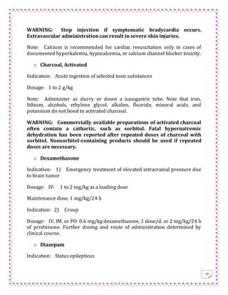 24
WARNING: Stop injection if symptomatic bradycardia occurs.
Extravascular administration can result in severe skin injuries.
Note: Calcium is recommended for cardiac resuscitation only in cases of
documented hyperkalemia, hypocalcemia, or calcium channel blocker toxicity.
o Charcoal, Activated
Indication: Acute ingestion of selected toxic substances
Dosage: 1 to 2 g/kg
Note: Administer as slurry or down a nasogastric tube. Note that iron,
lithium, alcohols, ethylene glycol, alkalies, fluoride, mineral acids, and
potassium do not bond to activated charcoal.
WARNING: Commercially available preparations of activated charcoal
often contain a cathartic, such as sorbitol. Fatal hypernatremic
dehydration has been reported after repeated doses of charcoal with
sorbitol. Nonsorbitol-containing products should be used if repeated
doses are necessary.
o Dexamethasone
Indication: 1) Emergency treatment of elevated intracranial pressure due
to brain tumor
Dosage: IV: 1 to 2 mg/kg as a loading dose
Maintenance dose, 1 mg/kg/24 h
Indication: 2) Croup
Dosage: IV, IM, or PO: 0.6 mg/kg dexamethasone, 1 dose/d, or 2 mg/kg/24 h
of prednisone. Further dosing and route of administration determined by
clinical course.
o Diazepam
Indication: Status epilepticus
 