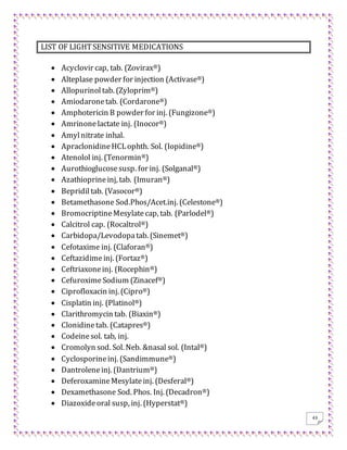 43
LIST OF LIGHTSENSITIVE MEDICATIONS
 Acyclovir cap, tab. (Zovirax®)
 Alteplase powder for injection (Activase®)
 Allopurinoltab. (Zyloprim®)
 Amiodaronetab. (Cordarone®)
 Amphotericin B powder for inj. (Fungizone®)
 Amrinonelactate inj. (Inocor®)
 Amylnitrate inhal.
 ApraclonidineHCLophth. Sol. (Iopidine®)
 Atenolol inj. (Tenormin®)
 Aurothioglucosesusp. for inj. (Solganal®)
 Azathioprineinj, tab. (Imuran®)
 Bepridiltab. (Vasocor®)
 Betamethasone Sod.Phos/Acet.inj. (Celestone®)
 BromocriptineMesylate cap, tab. (Parlodel®)
 Calcitrol cap. (Rocaltrol®)
 Carbidopa/Levodopatab. (Sinemet®)
 Cefotaxime inj. (Claforan®)
 Ceftazidimeinj. (Fortaz®)
 Ceftriaxoneinj. (Rocephin®)
 CefuroximeSodium (Zinacef®)
 Ciprofloxacin inj. (Cipro®)
 Cisplatin inj. (Platinol®)
 Clarithromycin tab. (Biaxin®)
 Clonidinetab. (Catapres®)
 Codeinesol. tab, inj.
 Cromolyn sod. Sol. Neb. &nasal sol. (Intal®)
 Cyclosporineinj. (Sandimmune®)
 Dantroleneinj. (Dantrium®)
 DeferoxamineMesylateinj. (Desferal®)
 Dexamethasone Sod. Phos. Inj. (Decadron®)
 Diazoxideoral susp, inj. (Hyperstat®)
 