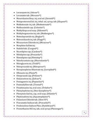 45
 Lorazepam inj. (Ativan®)
 Lovastatin tab. (Mevacor®)
 MesoridazineBesy. inj, oralsol. (Serentil®)
 MetaproterenolSul. inj, inhal. sol, syrup, tab. (Alupent®)
 Methotrexate inj, tab. (Methotrexate®)
 Methsuximidecap. (Celontin®)
 Methyldopaoralsusp. (Aldomet®)
 Methylergonovineinj, tab. (Methergine®)
 Metoclopramideinj. (Reglan®)
 Metronidazoleinj, tab. (Flagyl®)
 Mivacurium Chlorideinj. (Mivacron®)
 MorphineSulfateinj.
 Nadololtab. (Corgard®)
 Nicardipinecap. (Cardene®)
 Nifedipinecap. (Procardia®)
 Nimodipinecap (Nimotop®)
 Nitrofurantoin cap. (Macrodantin®)
 Nitroglycerin inj. (Tridil®)
 Nitroprussideinj. (Nitropress®)
 Norepinephrine Bitartrateinj. (Levophed®)
 Ofloxacin inj. (Floxin®)
 Omeprazolecap. (Prilosec®)
 Ondansetron inj. (Zofran®)
 Pentagastrin inj. (Peptavlon®)
 Pentoxifyllinetab. (Trental®)
 Perphenazineinj, oral conc. (Trilafon®)
 Phenylephrineinj. (Neo-Synephrine®)
 Phenytoin Sod inj, cap, oral susp. (Dilantin®)
 Phytonadioneinj. (Aquamephyton®)
 Potassium Chloridetab. (Slow-K®)
 Pravastatin Sodium tab. (Pravachol®)
 PrednisoloneSodium Phos. (Hydeltrasol®)
 PromethazineHClinj, tab, oral syrup (Phenergan®)
 