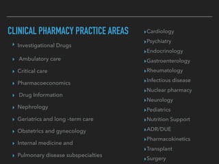 CLINICAL PHARMACY PRACTICE AREAS ▸Cardiology
▸Psychiatry
▸Endocrinology
▸Gastroenterology
▸Rheumatology
▸Infectious disease
▸Nuclear pharmacy
▸Neurology
▸Pediatrics
▸Nutrition Support
▸ADR/DUE
▸Pharmacokinetics
▸Transplant
▸Surgery
▸ Investigational Drugs
▸ Ambulatory care
▸ Critical care
▸ Pharmacoeconomics
▸ Drug Information
▸ Nephrology
▸ Geriatrics and long –term care
▸ Obstetrics and gynecology
▸ Internal medicine and
▸ Pulmonary disease subspecialties
 