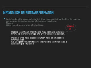 • Is defined as the process by which drug is converted by the liver to inactive
compounds through a series of chemical reactions.
Plasma,
kidneys and membranes of intestines.
METABOLISM OR BIOTRANSFORMATION
CLINICAL
TIP
Babies less than 6 months old may not have a mature
liver and therefore drugs are given with great caution.
Patients who have diseases which have an impact on
liver function
Ex. Congestive heart failure, their ability to metabolise a
given drug is impaired.
 