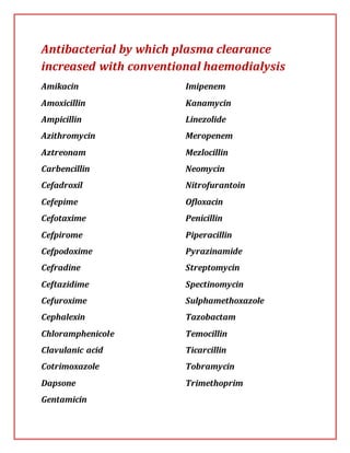 Antibacterial by which plasma clearance
increased with conventional haemodialysis
Amikacin
Amoxicillin
Ampicillin
Azithromycin
Aztreonam
Carbencillin
Cefadroxil
Cefepime
Cefotaxime
Cefpirome
Cefpodoxime
Cefradine
Ceftazidime
Cefuroxime
Cephalexin
Chloramphenicole
Clavulanic acid
Cotrimoxazole
Dapsone
Gentamicin
Imipenem
Kanamycin
Linezolide
Meropenem
Mezlocillin
Neomycin
Nitrofurantoin
Ofloxacin
Penicillin
Piperacillin
Pyrazinamide
Streptomycin
Spectinomycin
Sulphamethoxazole
Tazobactam
Temocillin
Ticarcillin
Tobramycin
Trimethoprim
 