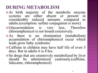 DURING METABOLISM
 At birth majority of the metabolic enzyme
systems are either absent or present in
considerably reduced amounts compared to
adults.(exemption: sulfate conjugation is more)
 Glucuronidation is very less. Therefore
chloramphenicol is not bound extensively.
 As there is no elemination (metabolism)
accumulation of chloramphenicol occur which
leads grow baby syndrome.
 Caffeine in children may have half life of even 5
days. But in adults it is 4 hrs.
 So drugs that are extensively metabolized by liver
should be administered cautiously.(caffeine,
lidocaine, chloramphenicol)
15
 