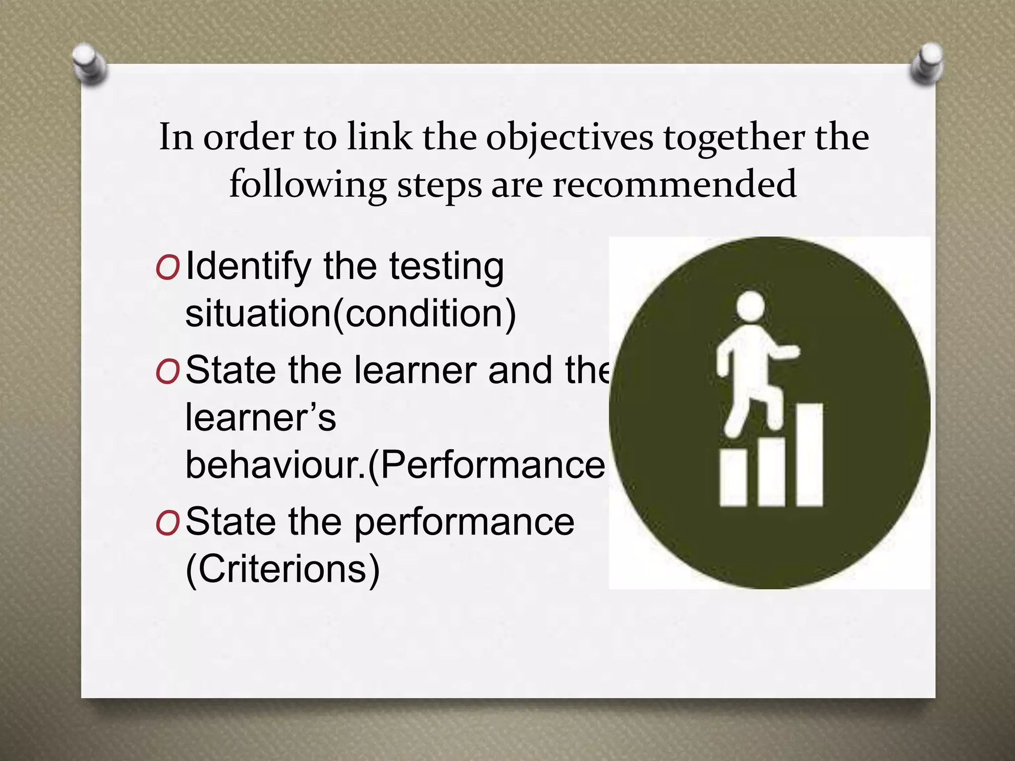 In order to link the objectives together the
following steps are recommended
OIdentify the testing
situation(condition)
OState the learner and the
learner’s
behaviour.(Performance)
OState the performance
(Criterions)
 