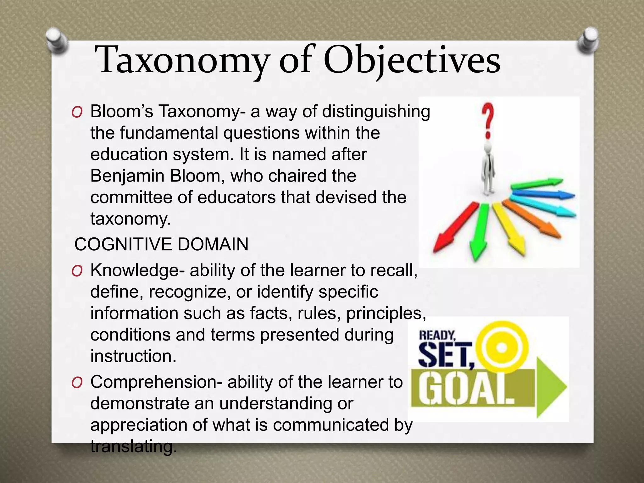 Taxonomy of Objectives
O Bloom’s Taxonomy- a way of distinguishing
the fundamental questions within the
education system. It is named after
Benjamin Bloom, who chaired the
committee of educators that devised the
taxonomy.
COGNITIVE DOMAIN
O Knowledge- ability of the learner to recall,
define, recognize, or identify specific
information such as facts, rules, principles,
conditions and terms presented during
instruction.
O Comprehension- ability of the learner to
demonstrate an understanding or
appreciation of what is communicated by
translating.
 