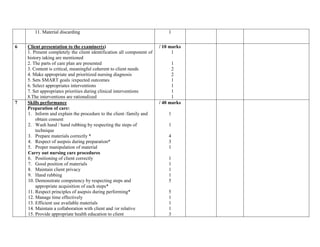 11. Material discarding 1
6 Client presentation to the examiner(s)
1. Present completely the client identification all component of
history taking are mentioned
2. The parts of care plan are presented
3. Content is critical, meaningful coherent to client needs
4. Make appropriate and prioritized nursing diagnosis
5. Sets SMART goals /expected outcomes
6. Select appropriates interventions
7. Set appropriates priorities during clinical interventions
8.The interventions are rationalized
/ 10 marks
1
1
2
2
1
1
1
1
7 Skills performance
Preparation of care:
1. Inform and explain the procedure to the client /family and
obtain consent
2. Wash hand / hand rubbing by respecting the steps of
technique
3. Prepare materials correctly *
4. Respect of asepsis during preparation*
5. Proper manipulation of material
Carry out nursing care procedures
6. Positioning of client correctly
7. Good position of materials
8. Maintain client privacy
9. Hand rubbing
10. Demonstrate competency by respecting steps and
appropriate acquisition of each steps*
11. Respect principles of asepsis during performing*
12. Manage time effectively
13. Efficient use available materials
14. Maintain a collaboration with client and /or relative
15. Provide appropriate health education to client
/ 40 marks
1
1
4
3
1
1
1
1
1
5
5
1
1
1
3
 