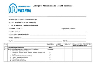 ………………………………………………………………………............................................................................................................
SCHOOL OF NURSING AND MIDWIFERY
DEPARTMENT OF GENERAL NURSING
CLINICAL PRACTICE EVALUATION TOOL
NAME OF STUDENT: …………………………………......................................................Registration Number :………………
YEAR / LEVEL : ……………………………………………………………………………………….. ………………………………
CENTER OF EXAMINATION: ……………………………………………………………………………………………………….
WARD / SERVICE : ……………………………………………………………………………………………………………………..
DATE: ………………………………………………………………………………………… TIME:…………………………………
NO MAXIMUM MARKS
RECEIVED
RESULT EVALUATORS COMMENTS
AND OBSERVATIONS
1 Training book completed 1mark
2 Professional appearance and personal cleanliness
1. Present in appropriate clean,
2. fitting full uniform (Head and hair tied and covered with
a cap)
3. Present with short nails and clean
4. Watch and jewels removed
5. Closed- toe footwear
6. Has identification card
2.5marks
0.5
0.5
0.5
0.5
0.5
College of Medicine and Health Sciences
 