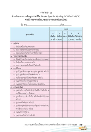 95
กรมการแพทย์แผนไทยและการแพทย์ทางเลือก กระทรวงสาธารณสุข
ตัวอย่างแบบประเมินคุณภาพชีวิต Stroke Specific Quality Of Life (SS-QOL)
ของโรงพยาบาลวัฒนานคร (สาขาแพทย์แผนไทย)
ชื่อ-สกุล.................................................................เตียง...............
คุณภาพชีวิต
คะแนน
1
เห็นด้วย
อย่างยิ่ง
2
เห็นด้วย
ปานกลาง
3
เฉยๆ
4
ไม่เห็นด้วย
ปานกลาง
5
ไม่เห็นด้วย
อย่างยิ่ง
1. พลังชีวิต
1. ฉันรู้สึกเหนื่อยเกือบตลอดเวลา
2. ฉันต้องหยุดท�างานและพักระหว่างวัน
3. ฉันรู้สึกเหนื่อยเกินกว่าที่จะท�าสิ่งที่อยากได้
2. บทบาทในครอบครัว
1. ฉันไม่ได้ช่วยท�ากิจกรรมในครอบครัวนอกจากความสนุก
2. ฉันรู้สึกเป็นภาระของครอบครัว
3. สภาพร่างกายของฉันมีผลต่อชีวิตส่วนตัว
3. การใช้ภาษา
1. คุณมีปัญหาด้านการพูด เช่น พูดติด พูดไม่ชัด หรือ ไม่
2. คุณมีปัญหาด้านการใช้โทรศัพท์ หรือ ไม่
3. คนอื่นสงสัย/ไม่เข้าใจในสิ่งที่คุณพูด หรือ ไม่
4. คุณนึกค�าพูดที่ต้องการไม่ได้ หรือ ไม่
5. คุณมีปัญหาต้องพูดซ�้าเพื่อให้ผู้อื่นเข้าใจ หรือ ไม่
4. การเคลื่อนไหว
1. คุณเดินล�าบากหรือไม่ (ถ้าเดินไม่ได้ให้ข้ามไปข้อ 4
และให้คะแนน 1 ใน ข้อ 2-3)
2. คุณเสียการทรงตัวเมื่อก้ม หรือเอื้อมมือจับสิ่งของ
หรือ ไม่
3. คุณเดินบันไดล�าบาก หรือ ไม่
4. คุณต้องหยุดหรือพักมากกว่าที่คุณต้องการเมื่อเดิน
หรือใช้ Wheelchair หรือไม่
5. คุณยืนล�าบากหรือ ไม่
6. คุณลุกจากเก้าอี้ล�าบากหรือ ไม่
ภาคผนวก ญ.
 