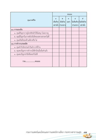 97
กรมการแพทย์แผนไทยและการแพทย์ทางเลือก กระทรวงสาธารณสุข
คุณภาพชีวิต
คะแนน
1
เห็นด้วย
อย่างยิ่ง
2
เห็นด้วย
ปานกลาง
3
เฉยๆ
4
ไม่เห็นด้วย
ปานกลาง
5
ไม่เห็นด้วย
อย่างยิ่ง
10.การมองเห็น
1. คุณมีปัญหาการดูโทรทัศน์ท�าให้ไม่สนุก ไม่อยากดู
2. คุณมีปัญหาในการหยิบจับสิ่งของเพราะสายตาไม่ดี
3. คุณเห็นสิ่งของด้านเดียวหรือ ไม่
11.การท�างาน/ผลผลิต
1. คุณท�ากิจวัตรประจ�าวันล�าบากที่บ้าน
2. คุณพบปัญหาการท�างานให้ส�าเร็จเมื่อเริ่มท�าแล้ว
3. คุณพบปัญหาท�าสิ่งที่เคยท�าไม่ได้
รวม......................คะแนน
 