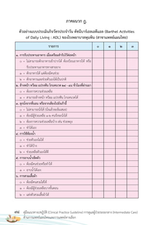 98 คู่มือแนวทางเวชฏิบัติ (Clinical Practice Guideline) การดูแลผู้ป่วยระยะกลาง (Intermediate Care)
ด้านการแพทย์แผนไทยและการแพทย์ทางเลือก
รายการ
ตัวอย่างแบบประเมินกิจวัตรประจ�าวัน ดัชนีบาร์เธลเอดีแอล (Barthel Activities
of Daily Living : ADL) ของโรงพยาบาลพุนพิน (สาขาแพทย์แผนไทย)
0 1 2 3
1. การรับประทานอาหาร เมื่อเตรียมส�ารับไว้ต่อหน้า
0 = ไม่สามารถตักอาหารเข้าปากได้ ต้องป้อนอาหารให้ หรือ
รับประทานอาหารทางสายยาง
1 = ตักอาหารได้ แต่ต้องมีคนช่วย
2 = ตักอาหารและช่วยตัวเองได้เป็นปกติ
2. ล้างหน้า หวีผม แปรงฟัน โกนหนวด 24 - 48 ชั่วโมงที่ผ่านมา
0 = ต้องการความช่วยเหลือ
1 = สามารถล้างหน้า หวีผม แปรงฟัน โกนหนวดได้
3. ลุกนั่งจากที่นอน หรือจากเตียงไปยังเก้าอี้
0 = ไม่สามารถนั่งได้ (นั่งแล้วจะล้มเสมอ)
1 = ต้องมีผู้ช่วยเหลือ 1-2 คนจึงจะนั่งได้
2 = ต้องการความช่วยเหลือบ้าง เช่น ช่วยพยุง
3 = ท�าได้เอง
4. การใช้ห้องน�้า
0 = ช่วยตัวเองไม่ได้
1 = ท�าได้บ้าง
2 = ช่วยเหลือตัวเองได้ดี
5. การอาบน�้าเช็ดตัว
0 = ต้องมีคนช่วยหรือท�าให้
1 = อาบน�้าได้เอง
6. การสวมเสื้อผ้า
0 = ต้องมีคนสวมใส่ให้
1 = ต้องมีผู้ช่วยเหลือบางขั้นตอน
2 = แต่งตัวสวมเสื้อผ้าได้
ภาคผนวก ฎ.
 