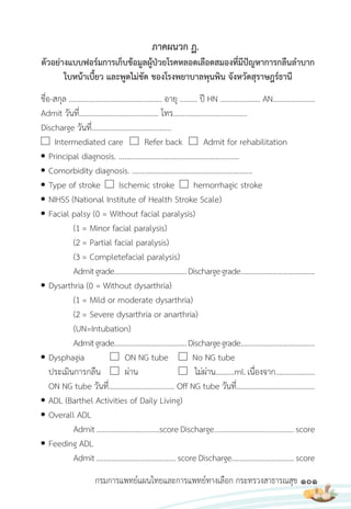 101
กรมการแพทย์แผนไทยและการแพทย์ทางเลือก กระทรวงสาธารณสุข
ตัวอย่างแบบฟอร์มการเก็บข้อมูลผู้ป่วยโรคหลอดเลือดสมองที่มีปัญหาการกลืนล�าบาก
ใบหน้าเบี้ยว และพูดไม่ชัด ของโรงพยาบาลพุนพิน จังหวัดสุราษฎร์ธานี
ชื่อ-สกุล ................................................ อายุ ......... ปี HN ………………… AN……………….…
Admit วันที่......................................... โทร......................................
Discharge วันที่.........................................
Intermediated care Refer back Admit for rehabilitation
● Principal diagnosis. ………………………………………………………
● Comorbidity diagnosis. ………………………………………………………
● Type of stroke Ischemic stroke hemorrhagic stroke
● NIHSS (National Institute of Health Stroke Scale)
● Facial palsy (0 = Without facial paralysis)
(1 = Minor facial paralysis)
(2 = Partial facial paralysis)
(3 = Completefacial paralysis)
Admitgrade…………………………………Dischargegrade………………………………….
● Dysarthria (0 = Without dysarthria)
(1 = Mild or moderate dysarthria)
(2 = Severe dysarthria or anarthria)
(UN=Intubation)
Admitgrade…………………………………Dischargegrade………………………………….
● Dysphagia ON NG tube No NG tube
ประเมินการกลืน ผ่าน ไม่ผ่าน..........ml.เนื่องจาก.....................
ON NG tube วันที่.................................. Off NG tube วันที่…………...……………………..
● ADL (Barthel Activities of Daily Living)
● Overall ADL
Admit……………………………scoreDischarge……………………………………score
● Feeding ADL
Admit……………………………………scoreDischarge……………………………score
ภาคผนวก ฏ.
 