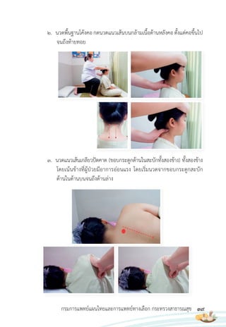 39
กรมการแพทย์แผนไทยและการแพทย์ทางเลือก กระทรวงสาธารณสุข
2. นวดพื้นฐานโค้งคอกดนวดแนวเส้นบนกล้ามเนื้อด้านหลังคอตั้งแต่คอขึ้นไป
จนถึงท้ายทอย
3. นวดแนวเส้นเกลียวปัตคาต (ขอบกระดูกด้านในสะบักทั้งสองข้าง) ทั้งสองข้าง
โดยเน้นข้างที่ผู้ป่วยมีอาการอ่อนแรง โดยเริ่มนวดจากขอบกระดูกสะบัก
ด้านในด้านบนจนถึงด้านล่าง
 