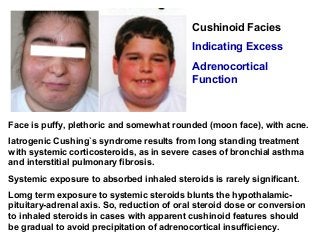 Cushinoid Facies
Indicating Excess
Adrenocortical
Function
Face is puffy, plethoric and somewhat rounded (moon face), with acne.
Iatrogenic Cushing`s syndrome results from long standing treatment
with systemic corticosteroids, as in severe cases of bronchial asthma
and interstitial pulmonary fibrosis.
Systemic exposure to absorbed inhaled steroids is rarely significant.
Lomg term exposure to systemic steroids blunts the hypothalamic-
pituitary-adrenal axis. So, reduction of oral steroid dose or conversion
to inhaled steroids in cases with apparent cushinoid features should
be gradual to avoid precipitation of adrenocortical insufficiency.
 