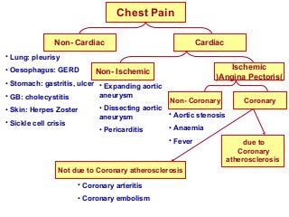 Non- Cardiac Cardiac
• Lung: pleurisy
• Oesophagus: GERD
• Stomach: gastritis, ulcer
• GB: cholecystitis
• Skin: Herpes Zoster
• Sickle cell crisis
Non- Ischemic
Ischemic
(Angina Pectoris)
• Expanding aortic
aneurysm
• Dissecting aortic
aneurysm
• Pericarditis
Non- Coronary Coronary
• Aortic stenosis
• Anaemia
• Fever
Not due to Coronary atherosclerosis
due to
Coronary
atherosclerosis
• Coronary arteritis
• Coronary embolism
Chest Pain
 