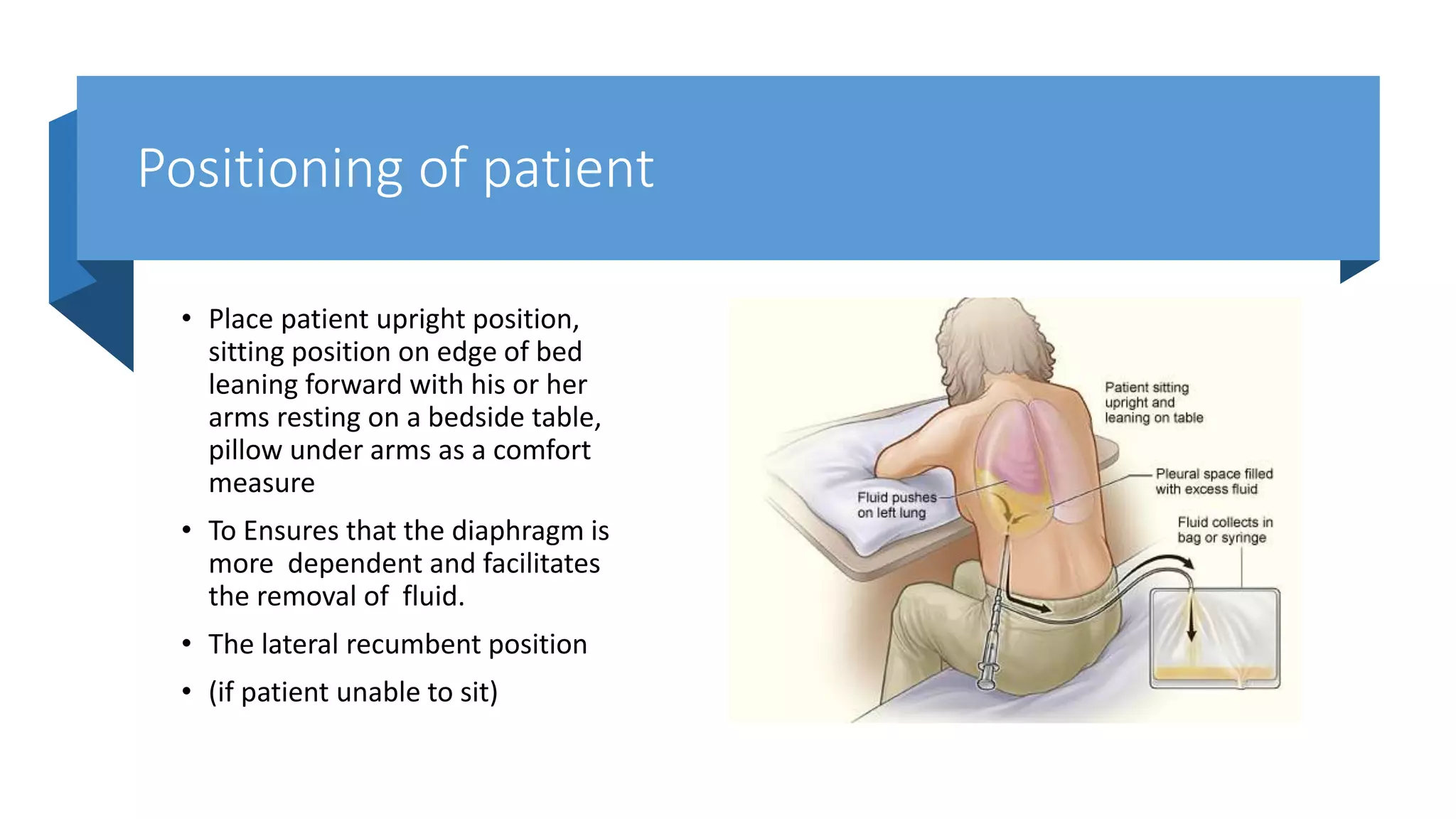 Positioning of patient
• Place patient upright position,
sitting position on edge of bed
leaning forward with his or her
arms resting on a bedside table,
pillow under arms as a comfort
measure
• To Ensures that the diaphragm is
more dependent and facilitates
the removal of fluid.
• The lateral recumbent position
• (if patient unable to sit)
 