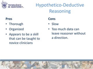 Hypothetico-Deductive
                         Reasoning
Pros                      Cons
• Thorough                • Slow
• Organized               • Too much data can
• Appears to be a skill     leave reasoner without
  that can be taught to     a direction.
  novice clinicians
 