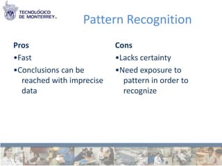 Pattern Recognition
Pros                       Cons
•Fast                      •Lacks certainty
•Conclusions can be        •Need exposure to
  reached with imprecise     pattern in order to
  data                       recognize
 