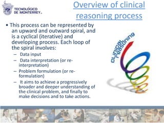 Overview of clinical
                              reasoning process
• This process can be represented by
   an upward and outward spiral, and
   is a cyclical (iterative) and
   developing process. Each loop of
   the spiral involves:
   – Data input
   – Data interpretation (or re-
     interpretation)
   – Problem formulation (or re-
     formulation)
   – It aims to achieve a progressively
     broader and deeper understanding of
     the clinical problem, and finally to
     make decisions and to take actions.
 