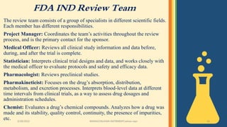 FDA IND Review Team
The review team consists of a group of specialists in different scientific fields.
Each member has different responsibilities.
Project Manager: Coordinates the team’s activities throughout the review
process, and is the primary contact for the sponsor.
Medical Officer: Reviews all clinical study information and data before,
during, and after the trial is complete.
Statistician: Interprets clinical trial designs and data, and works closely with
the medical officer to evaluate protocols and safety and efficacy data.
Pharmacologist: Reviews preclinical studies.
Pharmakineticist: Focuses on the drug’s absorption, distribution,
metabolism, and excretion processes. Interprets blood-level data at different
time intervals from clinical trials, as a way to assess drug dosages and
administration schedules.
Chemist: Evaluates a drug’s chemical compounds. Analyzes how a drug was
made and its stability, quality control, continuity, the presence of impurities,
etc. 3/28/2022 MANSICHAUHAN-SMTBNBSPCsalvav-vapi 26
 