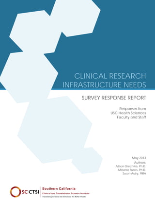 May 2013
Authors:
Allison Orechwa, Ph.D.
Melanie Funes, Ph.D.
Susan Autry, MBA
CLINICAL RESEARCH
INFRASTRUCTURE NEEDS
SURVEY RESPONSE REPORT
Responses from
USC Health Sciences
Faculty and Staff
 