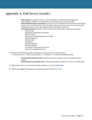 www.sc-ctsi.org | Page 21
Pilot Funding: to support research, career development, innova ve technologies and
methodologies, progression of discoveries and mul disciplinary team forma on
Clinical Research Space and Services: two clinical sites; outpa ent and inpa ent clinical research
space; access to trained clinical research staﬀ; sample procurement; specimen processing and
handling laboratory; neurologic and bionutri on evalua ons; and more
Consulta on Services: Research advice from faculty, senior staﬀ and external consultants
Study Design
Regulatory Knowledge and Support
Research Ethics
Conduc ng and Managing Human Studies
Data Management
Bioinforma cs
Biosta s cs
Sta s cal Analysis
Scien ﬁc Wri ng
Transla on of preclinical discoveries
Community-engaged Research
20. Please rate the following under considera on resources/services. [radio bu ons]
0 = Would not use; 1 = Minimally important; 2 = Important; 3 = Cri cally important/essen al
Par cipant Recruitment Service: Exper se, tools and resources to recruit par cipants for
studies
Clinical Research Coordinator Core: Trained coordinators available on an ad hoc recharge basis
21. What other services or resources would be valuable to your work? [free text]
22. What is your biggest challenge(s) in conduc ng clinical research? [free text]
Appendix A: Full Survey (cont’d.)
 