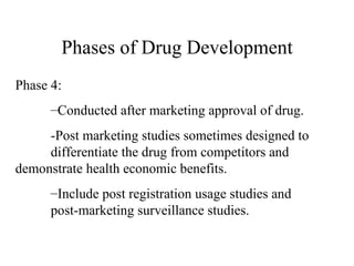 Phases of Drug Development Phase 4: Conducted after marketing approval of drug. -Post marketing studies sometimes designed to  differentiate the drug from competitors and  demonstrate  health economic benefits. Include post registration usage studies and post-marketing surveillance studies. 