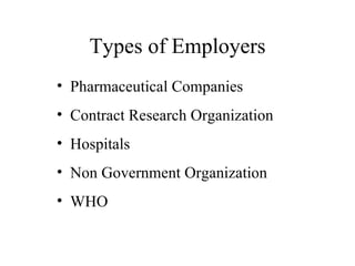 Types of Employers Pharmaceutical Companies Contract Research Organization  Hospitals Non Government Organization WHO  