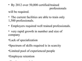 By 2012 over 50,000 certified/trained  professionals will be required. The current facilities are able to train only  1,500 professionals.  Employers required well trained professionals.  very rapid growth in number and size of company  Lack of specialization Spectrum of skills required is in scarcity  Limited pool of experienced people Employee retention Continuous  training 