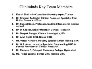 Cliniminds Key Team Members Kamal Shahani – Consultant/Industry expert/Trainer Dr. Srinkant Tadipatri, Clinical Research Specialist from United States, ex Pfizer Dr. Suneet Sood, Professor, leading international medical school Dr. U. Kapoor, Senior Manager, Clinical Research Dr. Deepak Bunger, Clinical Investigator, PGI Dr. Amit Bhatt, CEO, Nexus CRO Mr. Vatsal Acharya, Industry Specialist from leading MNC Dr. G.S. Arora, Industry Specialist from leading MNC & Former Professor of Clinical Research Dr. Ramesh C, Princpal, Pharmacy College, Hyderabad Ms. Pooja Saxena, Senior CRA, leading CRA 