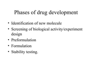 Phases of drug development Identification of new molecule Screening of biological activity/experiment design Preformulation  Formulation Stability testing.  