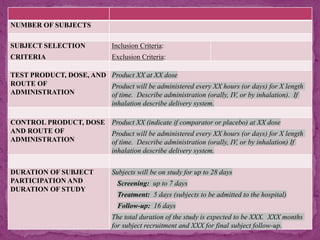 NUMBER OF SUBJECTS
SUBJECT SELECTION
CRITERIA
Inclusion Criteria:
Exclusion Criteria:
TEST PRODUCT, DOSE, AND
ROUTE OF
ADMINISTRATION
Product XX at XX dose
Product will be administered every XX hours (or days) for X length
of time. Describe administration (orally, IV, or by inhalation). If
inhalation describe delivery system.
CONTROL PRODUCT, DOSE
AND ROUTE OF
ADMINISTRATION
Product XX (indicate if comparator or placebo) at XX dose
Product will be administered every XX hours (or days) for X length
of time. Describe administration (orally, IV, or by inhalation) If
inhalation describe delivery system.
DURATION OF SUBJECT
PARTICIPATION AND
DURATION OF STUDY
Subjects will be on study for up to 28 days
Screening: up to 7 days
Treatment: 5 days (subjects to be admitted to the hospital)
Follow-up: 16 days
The total duration of the study is expected to be XXX. XXX months
for subject recruitment and XXX for final subject follow-up.
 