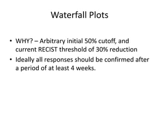 Waterfall Plots

• WHY? – Arbitrary initial 50% cutoff, and
  current RECIST threshold of 30% reduction
• Ideally all responses should be confirmed after
  a period of at least 4 weeks.
 