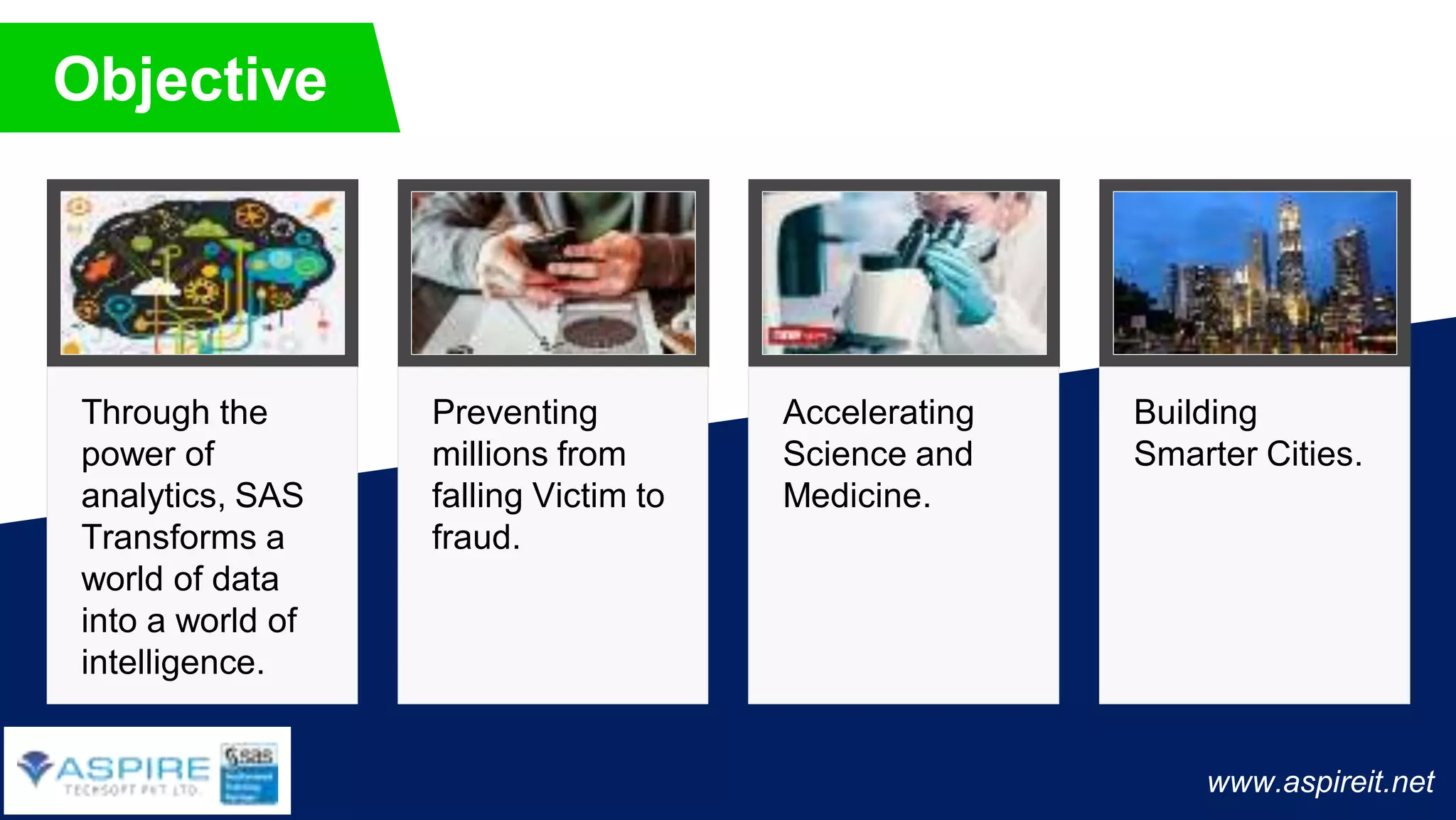Objective
Through the
power of
analytics, SAS
Transforms a
world of data
into a world of
intelligence.
Preventing
millions from
falling Victim to
fraud.
Accelerating
Science and
Medicine.
Building
Smarter Cities.
www.aspireit.net
 