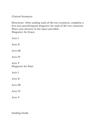 Clinical Scenarios
Directions: After reading each of the two scenarios, complete a
five-axis psychological diagnosis for each of the two scenarios.
Place your answers in the space provided.
Diagnosis for Grace:
Axis I
Axis II
Axis III
Axis IV
Axis V
Diagnosis for Paul:
Axis I
Axis II
Axis III
Axis IV
Axis V
Grading Guide
 