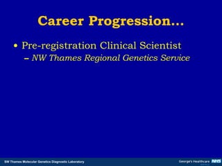 Career Progression… Pre-registration Clinical Scientist NW Thames Regional Genetics Service 