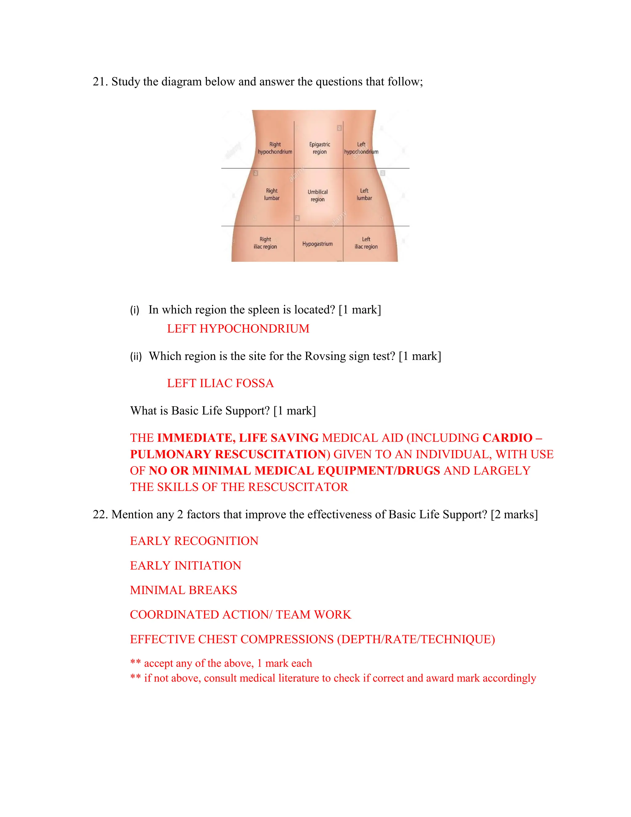 21. Study the diagram below and answer the questions that follow;
(i) In which region the spleen is located? [1 mark]
LEFT HYPOCHONDRIUM
(ii) Which region is the site for the Rovsing sign test? [1 mark]
LEFT ILIAC FOSSA
What is Basic Life Support? [1 mark]
THE IMMEDIATE, LIFE SAVING MEDICAL AID (INCLUDING CARDIO –
PULMONARY RESCUSCITATION) GIVEN TO AN INDIVIDUAL, WITH USE
OF NO OR MINIMAL MEDICAL EQUIPMENT/DRUGS AND LARGELY
THE SKILLS OF THE RESCUSCITATOR
22. Mention any 2 factors that improve the effectiveness of Basic Life Support? [2 marks]
EARLY RECOGNITION
EARLY INITIATION
MINIMAL BREAKS
COORDINATED ACTION/ TEAM WORK
EFFECTIVE CHEST COMPRESSIONS (DEPTH/RATE/TECHNIQUE)
** accept any of the above, 1 mark each
** if not above, consult medical literature to check if correct and award mark accordingly
 