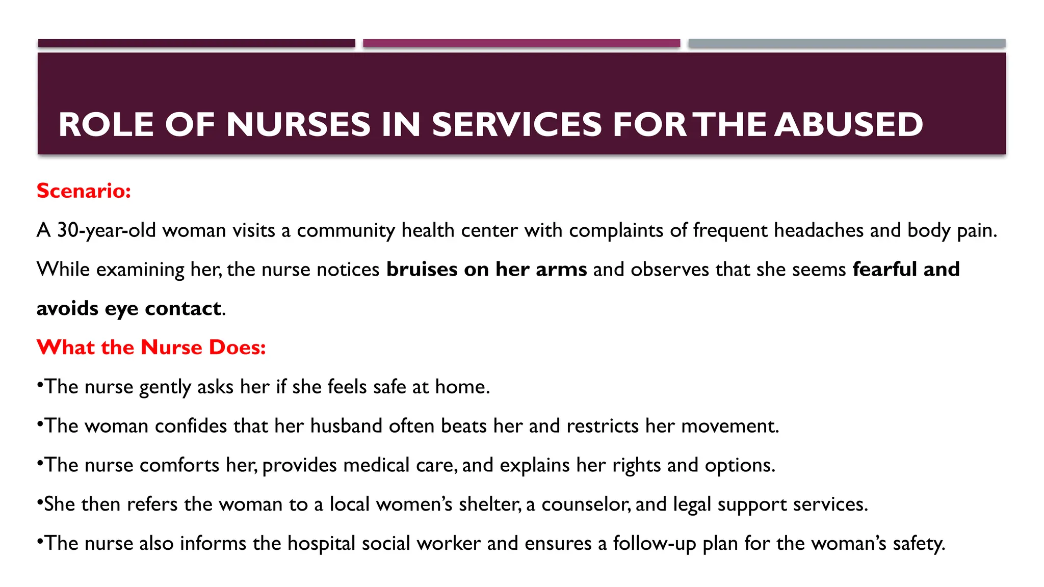 ROLE OF NURSES IN SERVICES FORTHE ABUSED
Scenario:
A 30-year-old woman visits a community health center with complaints of frequent headaches and body pain.
While examining her, the nurse notices bruises on her arms and observes that she seems fearful and
avoids eye contact.
What the Nurse Does:
•The nurse gently asks her if she feels safe at home.
•The woman confides that her husband often beats her and restricts her movement.
•The nurse comforts her, provides medical care, and explains her rights and options.
•She then refers the woman to a local women’s shelter, a counselor, and legal support services.
•The nurse also informs the hospital social worker and ensures a follow-up plan for the woman’s safety.
 