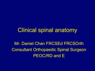 Clinical spinal anatomy
Mr. Daniel Chan FRCSEd FRCSOrth
Consultant Orthopaedic Spinal Surgeon
PEOC/RD and E

 