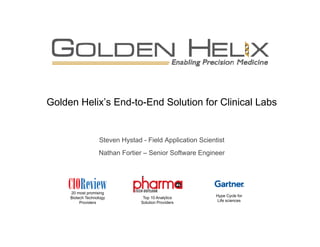 Golden Helix’s End-to-End Solution for Clinical Labs
Steven Hystad - Field Application Scientist
Nathan Fortier – Senior Software Engineer
20 most promising
Biotech Technology
Providers
Top 10 Analytics
Solution Providers
Hype Cycle for
Life sciences
 