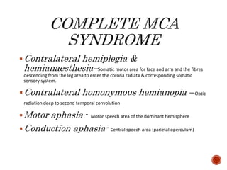 Contralateral hemiplegia &
hemianaesthesia–Somatic motor area for face and arm and the fibres
descending from the leg area to enter the corona radiata & corresponding somatic
sensory system.
Contralateral homonymous hemianopia –Optic
radiation deep to second temporal convolution
Motor aphasia - Motor speech area of the dominant hemisphere
Conduction aphasia- Central speech area (parietal operculum)
 