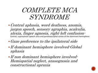 Central aphasia, word deafness, anomia,
jargon speech, sensory agraphia, acalculia,
alexia, finger agnosia, right-left confusion-
Central, suprasylvian speech area and parietooccipital cortex of the dominant hemisphere
Gaze preference to the ipsilateral side
If dominant hemisphere involved-Global
aphasia
If non dominant hemisphere involved-
Hemispatial neglect, anasognosia and
constructional apraxia
 