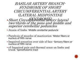 Short Circumferential artery-lateral
two-thirds of the pons and middle and
superior cerebellar peduncles
 Ataxia of limbs -Middle cerebellar peduncle
 Paralysis of muscles of mastication -Motor fibers or
nucleus of fifth nerve
 Impaired sensation over side of face -Sensory fibers or
nucleus of fifth nerve
 c/l Impaired pain and thermal sense on limbs and
trunk -Spinothalamic tract
 