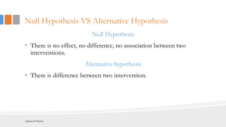 Null Hypothesis VS Alternative Hypothesis
Null Hypothesis
• There is no effect, no difference, no association between two
interventions.
Alternative hypothesis
• There is difference between two intervention.
Adham El Basha
 