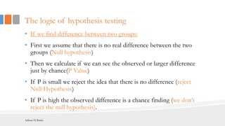 The logic of hypothesis testing
• If we find difference between two groups:
• First we assume that there is no real difference between the two
groups (Null hypothesis)
• Then we calculate if we can see the observed or larger difference
just by chance(P Value)
• If P is small we reject the idea that there is no difference (reject
Null Hypothesis)
• If P is high the observed difference is a chance finding (we don’t
reject the null hypothesis).
Adham El Basha
 