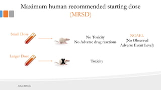 Maximum human recommended starting dose
(MRSD)
No Toxicity
No Adverse drug reactions
Small Dose
Larger Dose
NOAEL
(No Observed
Adverse Event Level)
Toxicity
Adham El Basha
 