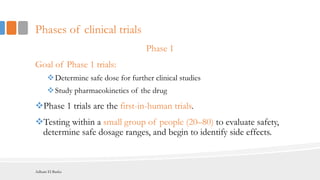 Phases of clinical trials
Phase 1
Goal of Phase 1 trials:
Determine safe dose for further clinical studies
Study pharmacokinetics of the drug
Phase 1 trials are the first-in-human trials.
Testing within a small group of people (20–80) to evaluate safety,
determine safe dosage ranges, and begin to identify side effects.
Adham El Basha
 