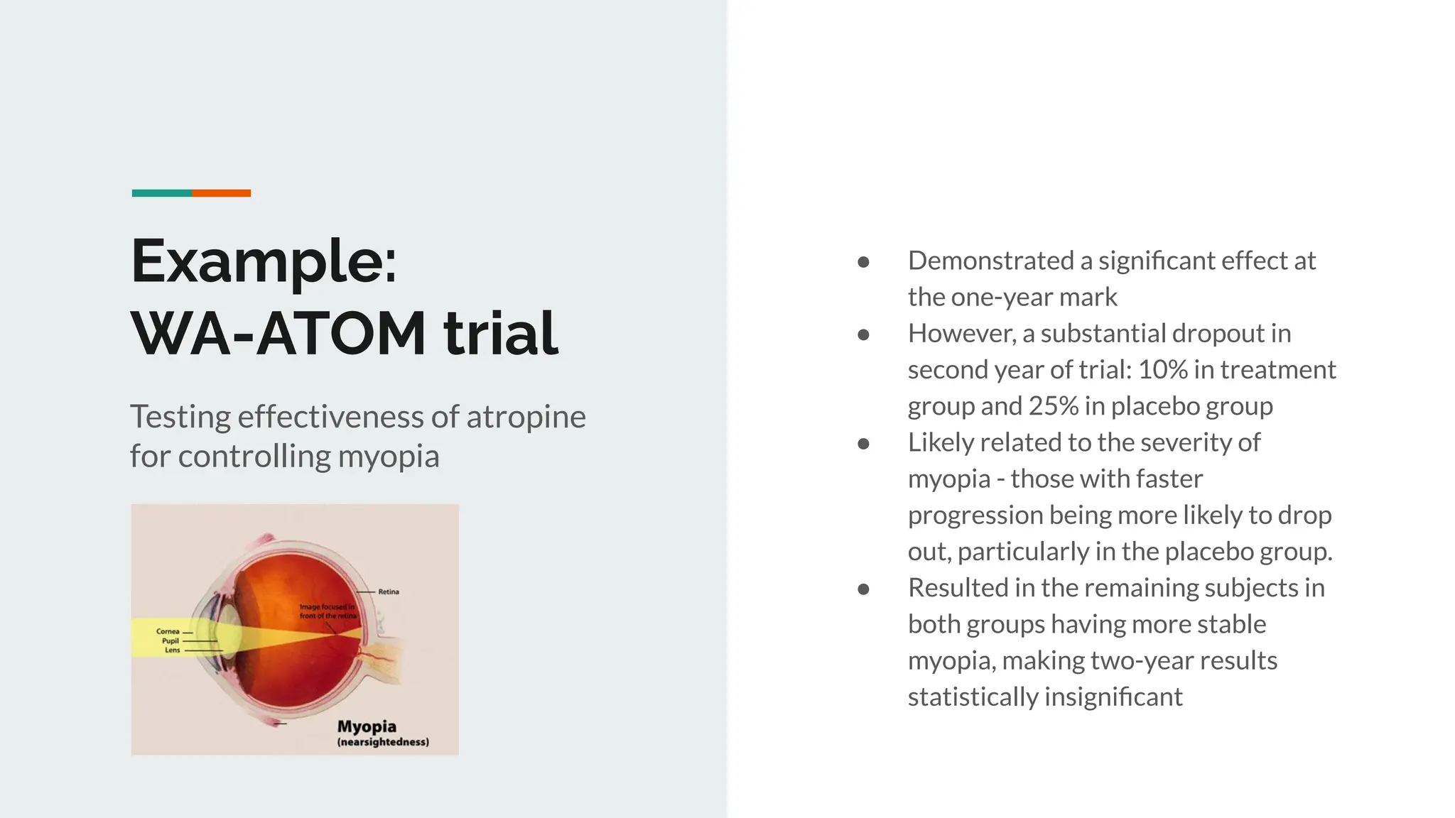 Example:
WA-ATOM trial
Testing effectiveness of atropine
for controlling myopia
● Demonstrated a signiﬁcant effect at
the one-year mark
● However, a substantial dropout in
second year of trial: 10% in treatment
group and 25% in placebo group
● Likely related to the severity of
myopia - those with faster
progression being more likely to drop
out, particularly in the placebo group.
● Resulted in the remaining subjects in
both groups having more stable
myopia, making two-year results
statistically insigniﬁcant
 
