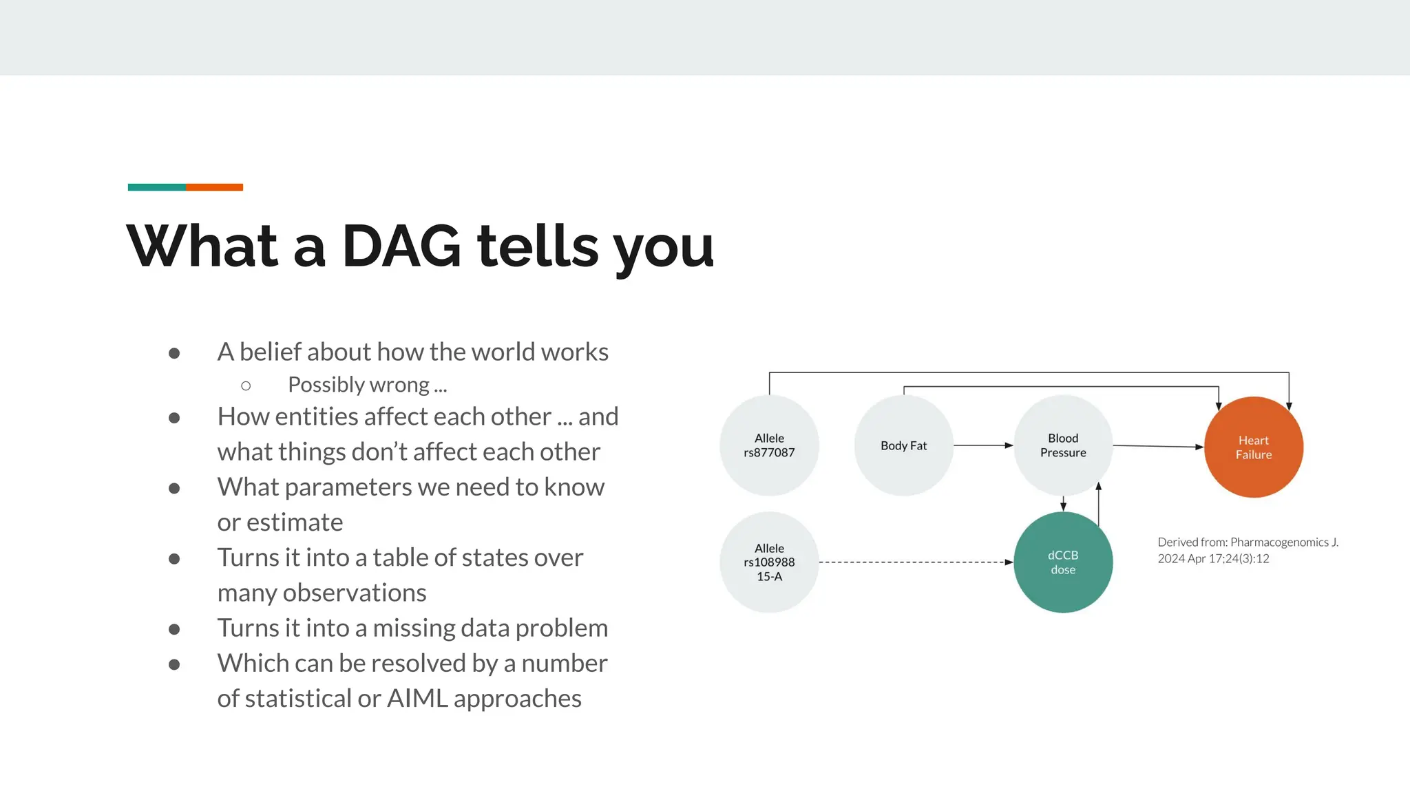 What a DAG tells you
● A belief about how the world works
○ Possibly wrong ...
● How entities affect each other ... and
what things don’t affect each other
● What parameters we need to know
or estimate
● Turns it into a table of states over
many observations
● Turns it into a missing data problem
● Which can be resolved by a number
of statistical or AIML approaches
 