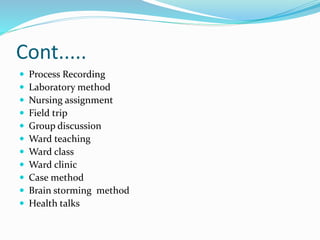 Cont.....
 Process Recording
 Laboratory method
 Nursing assignment
 Field trip
 Group discussion
 Ward teaching
 Ward class
 Ward clinic
 Case method
 Brain storming method
 Health talks
 