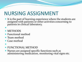 NURSING ASSIGNMENT
 It is the part of learning experience where the students are
assigned with patients or other activities concerning to
patients in clinical laboratory.

 METHODS
 Functional method
 Team method
 Case method

 FUNCTIONAL METHOD
 Nurses are assigned specific functions such as
administering medication, monitoring vital signs etc.
 